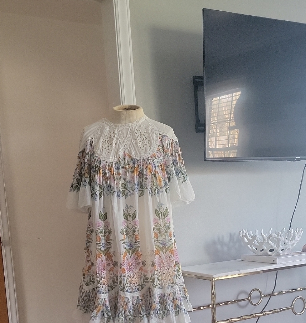 FARM Rio White Floral Mini Dress with Pink, Yellow & Green Accents